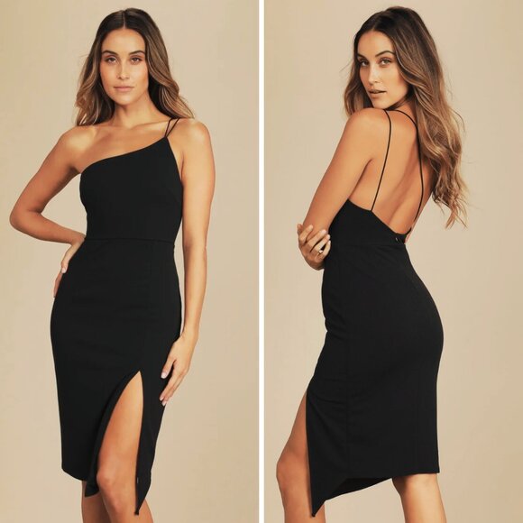 NEW Lulus Happiest Hour Black Asymmetrical Bodycon Midi Dress (size S) - Picture 1 of 13